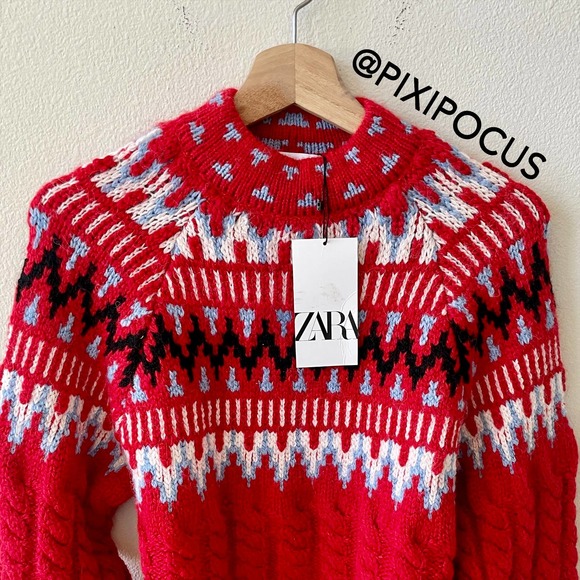 ZARA WOOL CABLE KNIT JACQUARD SWEATER RED - Picture 4 of 15